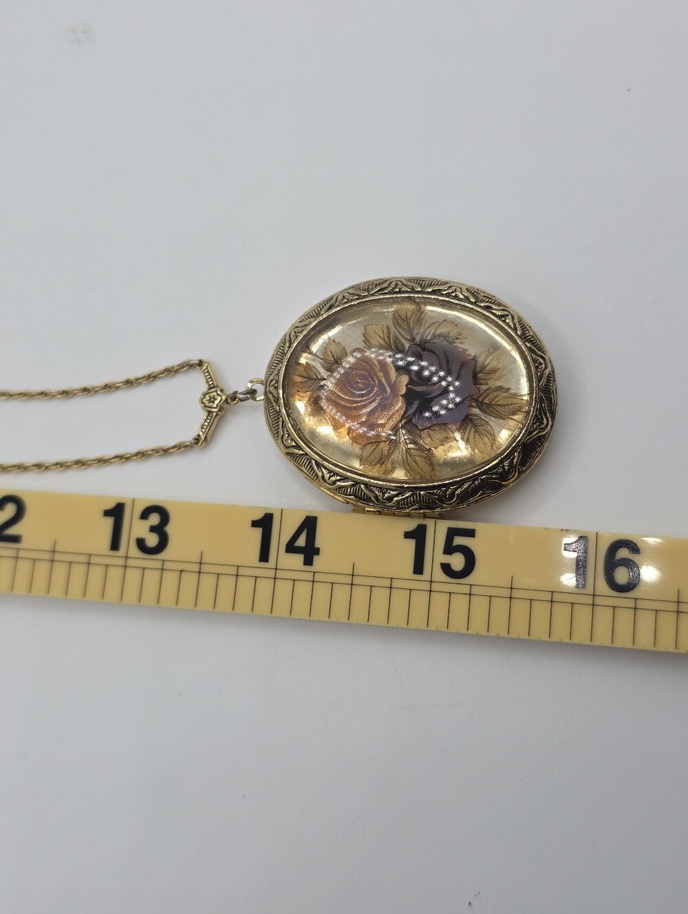 1928 Floral Locket Gold Tone Long Chain - Picture 9 of 11